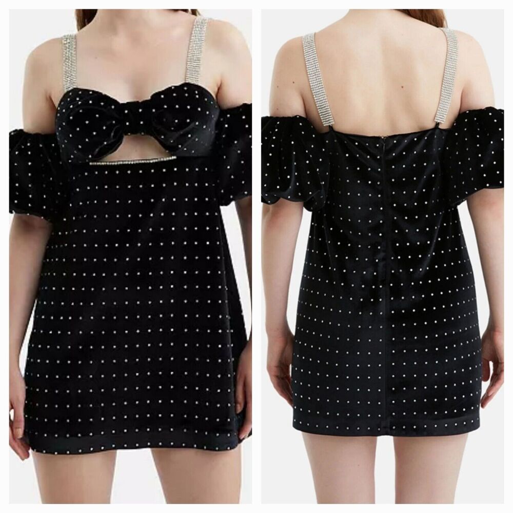 New Nocturne Women's (M) Black Velvet Beaded Rhinestones Straps Mini Dress $400